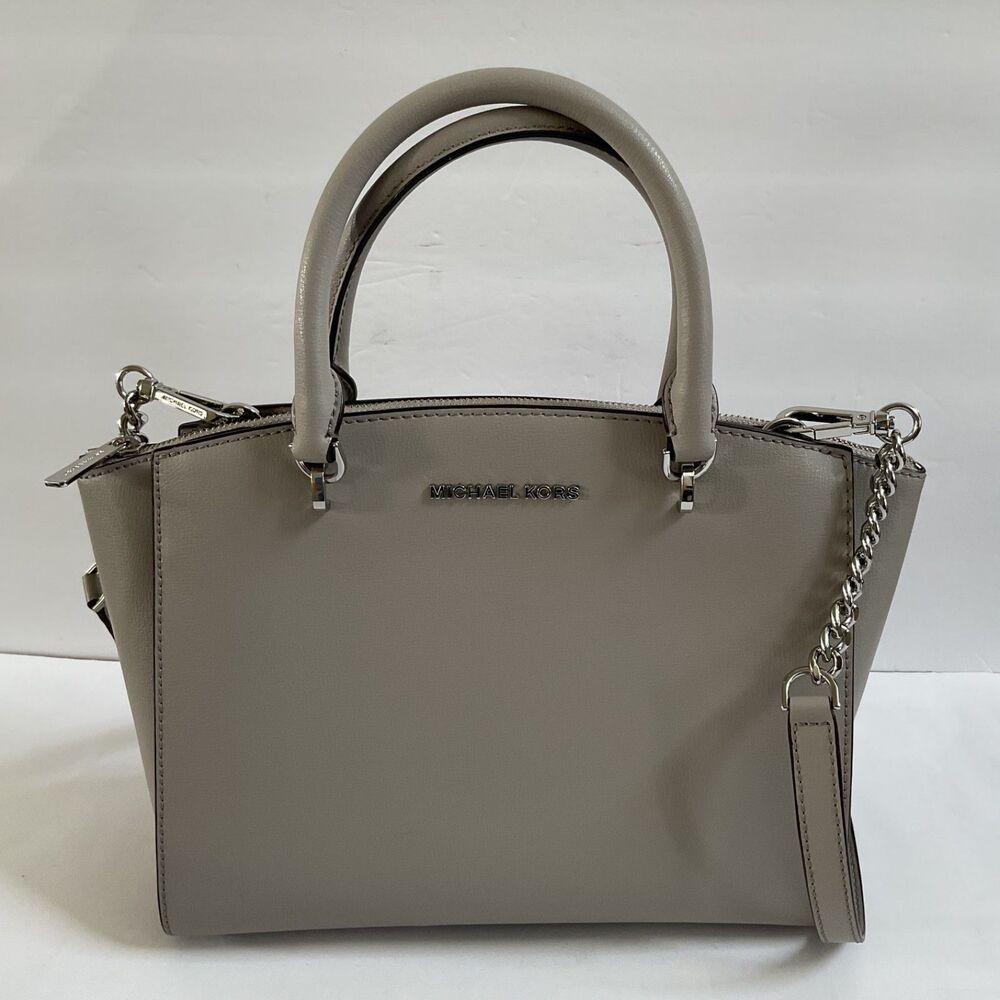 Michael Kors Ellis Leather Large Satchel Bag Pearl Grey $428 Classic Office